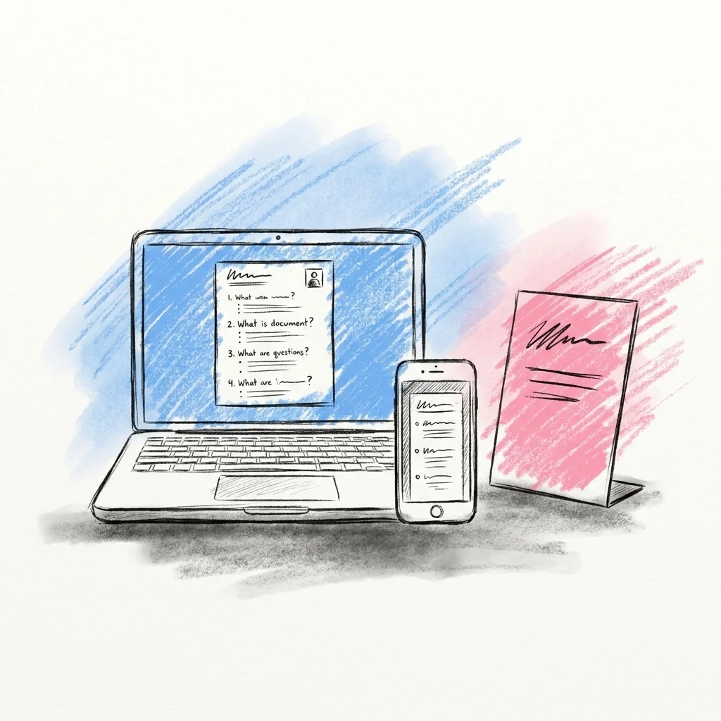 En laptop och en telefon sida vid sida som visar ett städat dokument med en kort frågelista och en delad-med-toastmastern-markering, en utskriven frågeskylt bredvid, i Lovios rosa och blå illustrationsstil