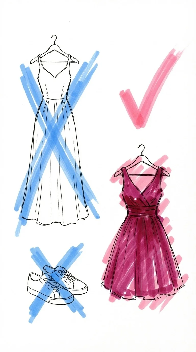 Illustrerade plagg med ett kryss över dem — vit klänning, sneakers och för utmanande outfit — i Lovios rosa och blå illustrationsstil