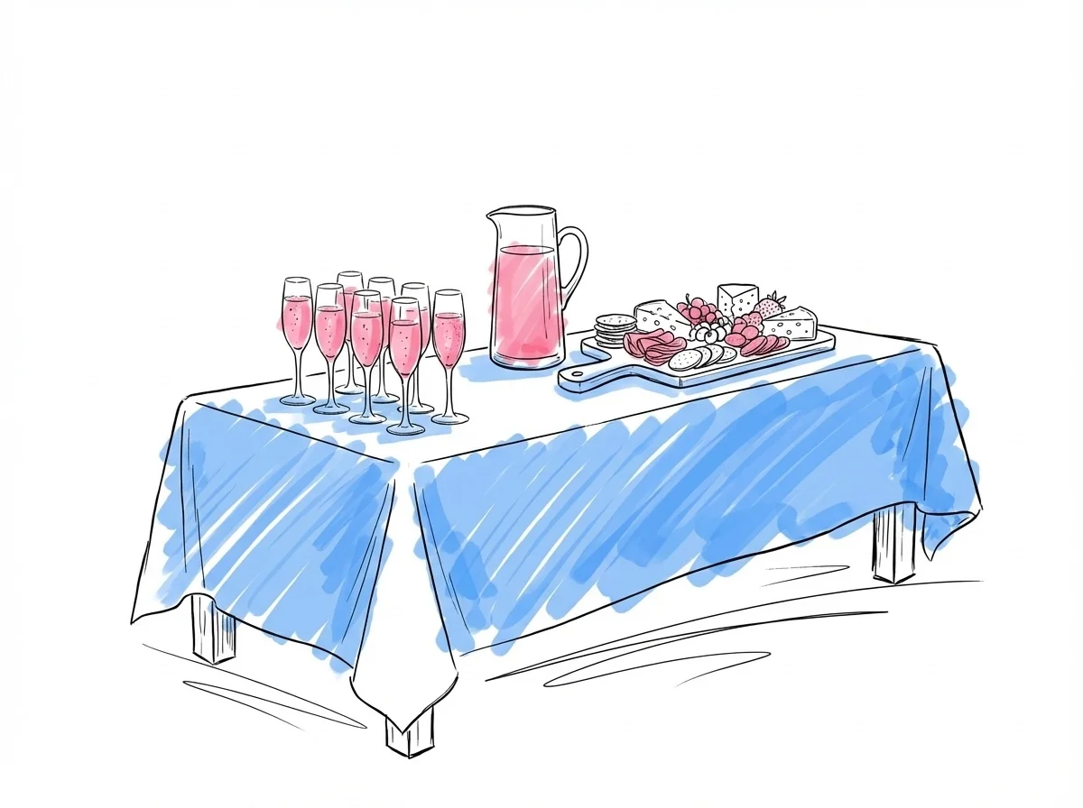 Drinkbord med champagneglas, lemonadkanna och ostbricka utomhus med vit duk i Lovios rosa och blå illustrationsstil