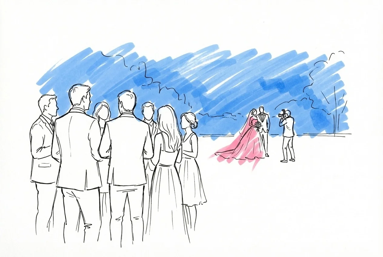 Brudpar på avstånd som fotograferas medan gäster i förgrunden minglar och väntar i Lovios rosa och blå illustrationsstil