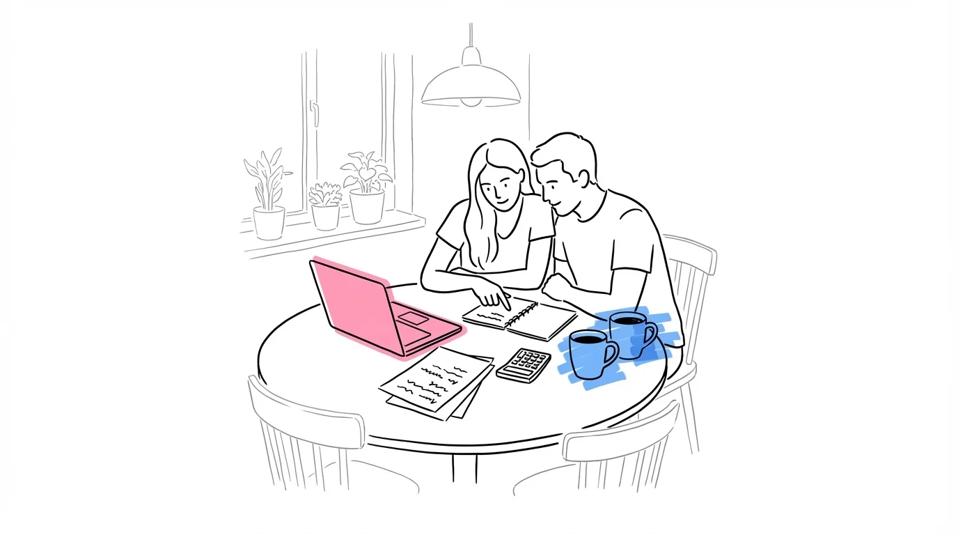 Par som sitter vid köksbord och planerar bröllopsbudget med laptop och kalkylator