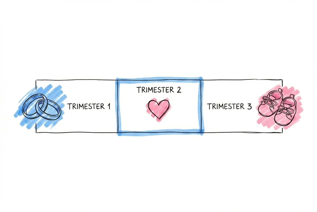 Horisontell tidslinje som visar tre trimestrar, hjärtmarkör i mitten, babyskor i ena änden och vigselringar i den andra