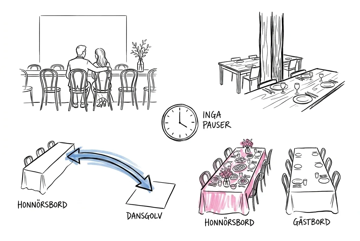 En sammansatt scen som samlar små vinjetter av de fem misstagen — distans, podiumhöjd, för låga ljus, blockerande blommor och avsaknad av talar-plats — i Lovios rosa och blå illustrationsstil