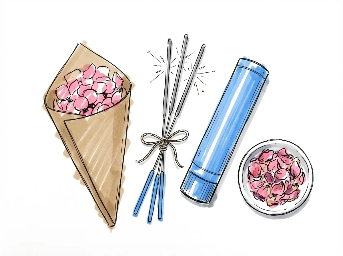 Åtta typer av bröllopskonfetti uppradade — blomblad, rispapper, såpbubblor och tomtebloss — i Lovios rosa och blå illustrationsstil