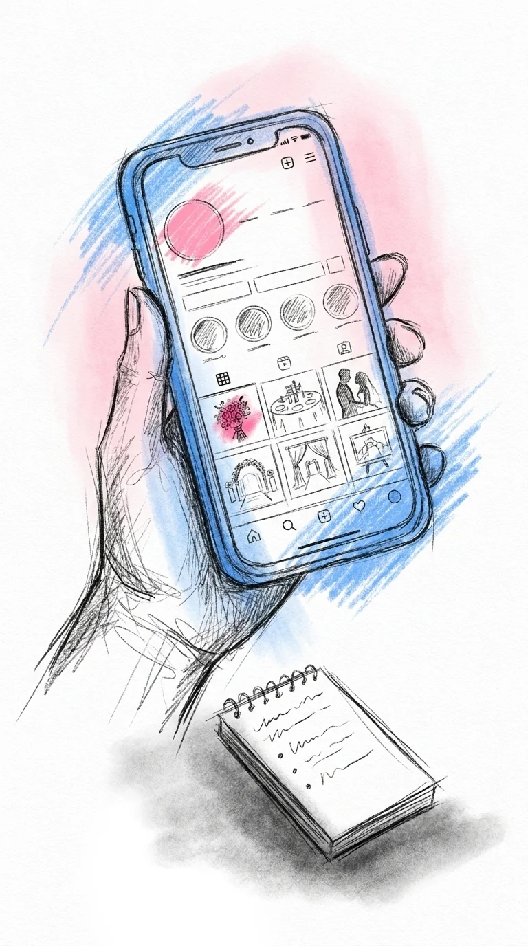 Mobiltelefon visar bröllopskoordinators Instagram-profil med bröllopsbilder — modern väg att hitta koordinator