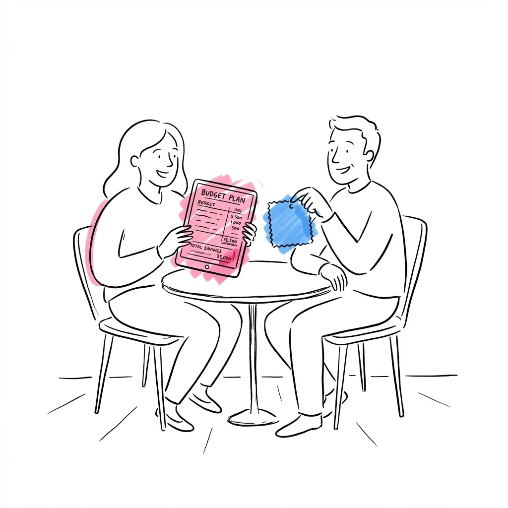 Par vid ett bord som planerar kostymen tillsammans — en håller en surfplatta med budgetlista, den andra håller ett tygprov i Lovios illustrationsstil