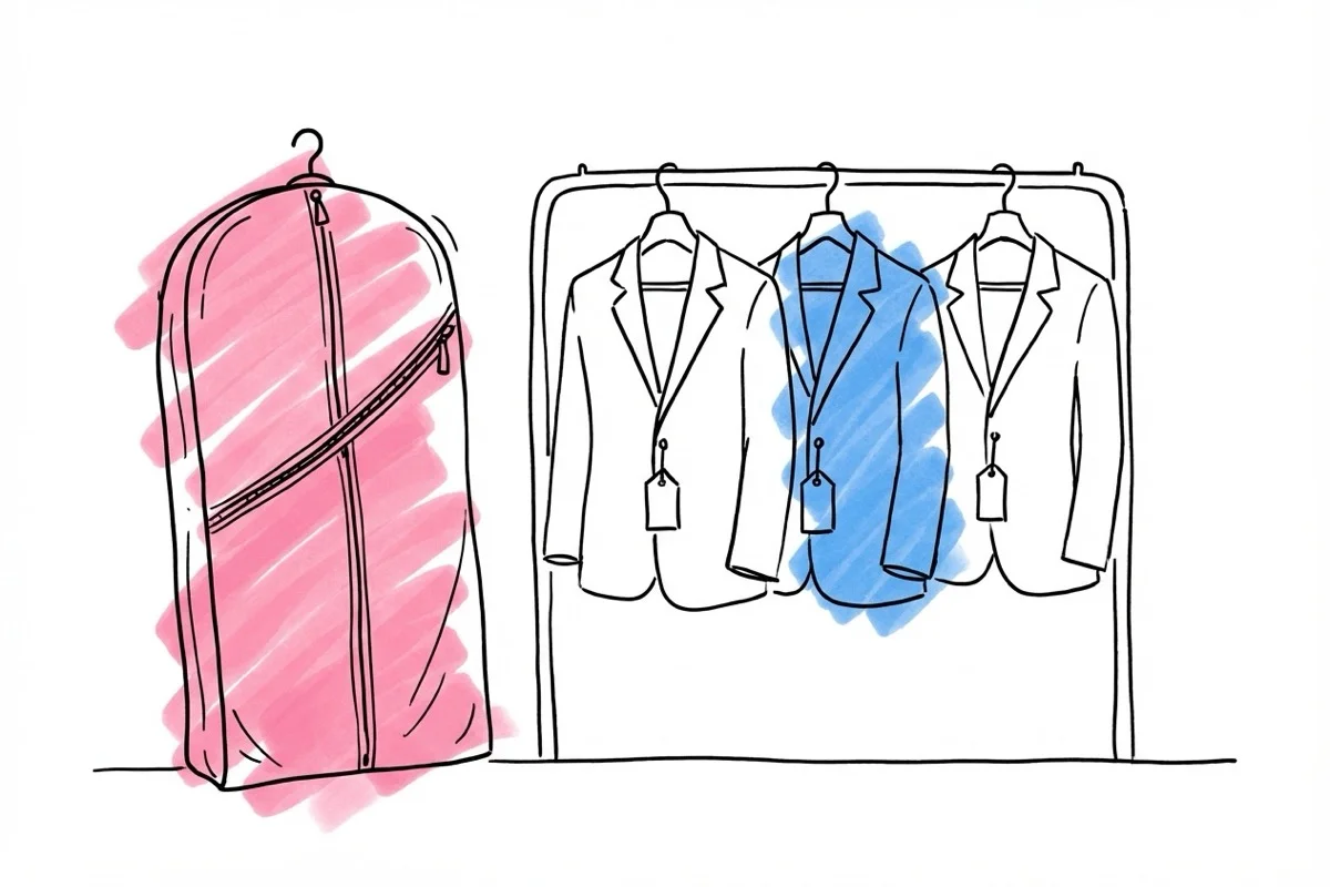Delad scen — en person bär en kostym i klädpåse ut ur en butik, på andra sidan en rack med hyreskostymer med prislappar i Lovios illustrationsstil