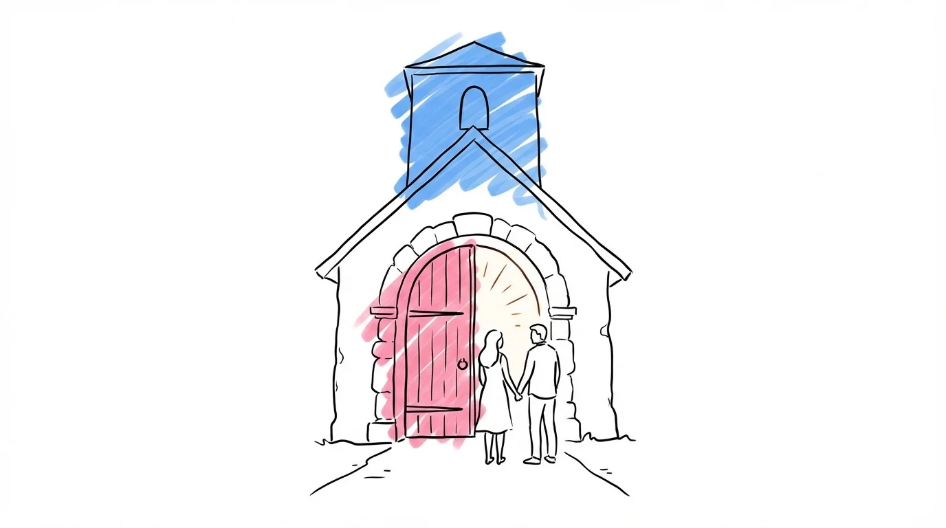 Par vid entrén till en traditionell svensk kyrka — kyrklig vigsel