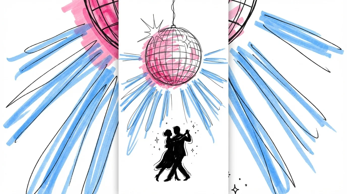 Discokula med ljusstrålar och dansande parsilhuetter i Lovios illustrationsstil