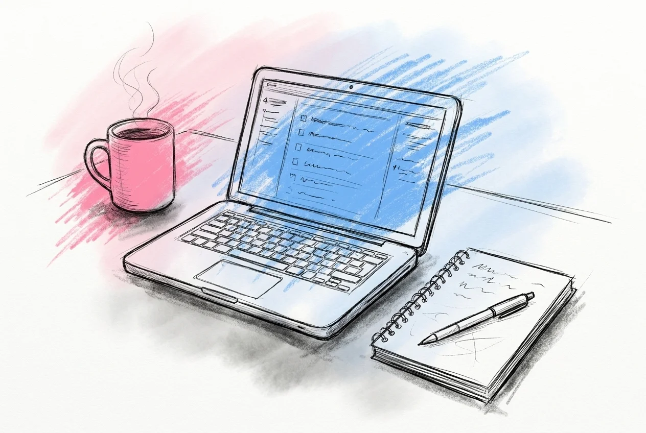 Laptop med en numrerad e-postchecklista bredvid anteckningsbok, penna och kaffekopp — 10 frågor till bröllopslokalen