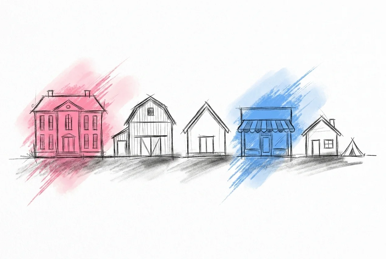 Fem svenska bröllopslokal-silhuetter sida vid sida — herrgård, lada, bygdegård, restaurang och hus med tält — Lovios illustrationsstil