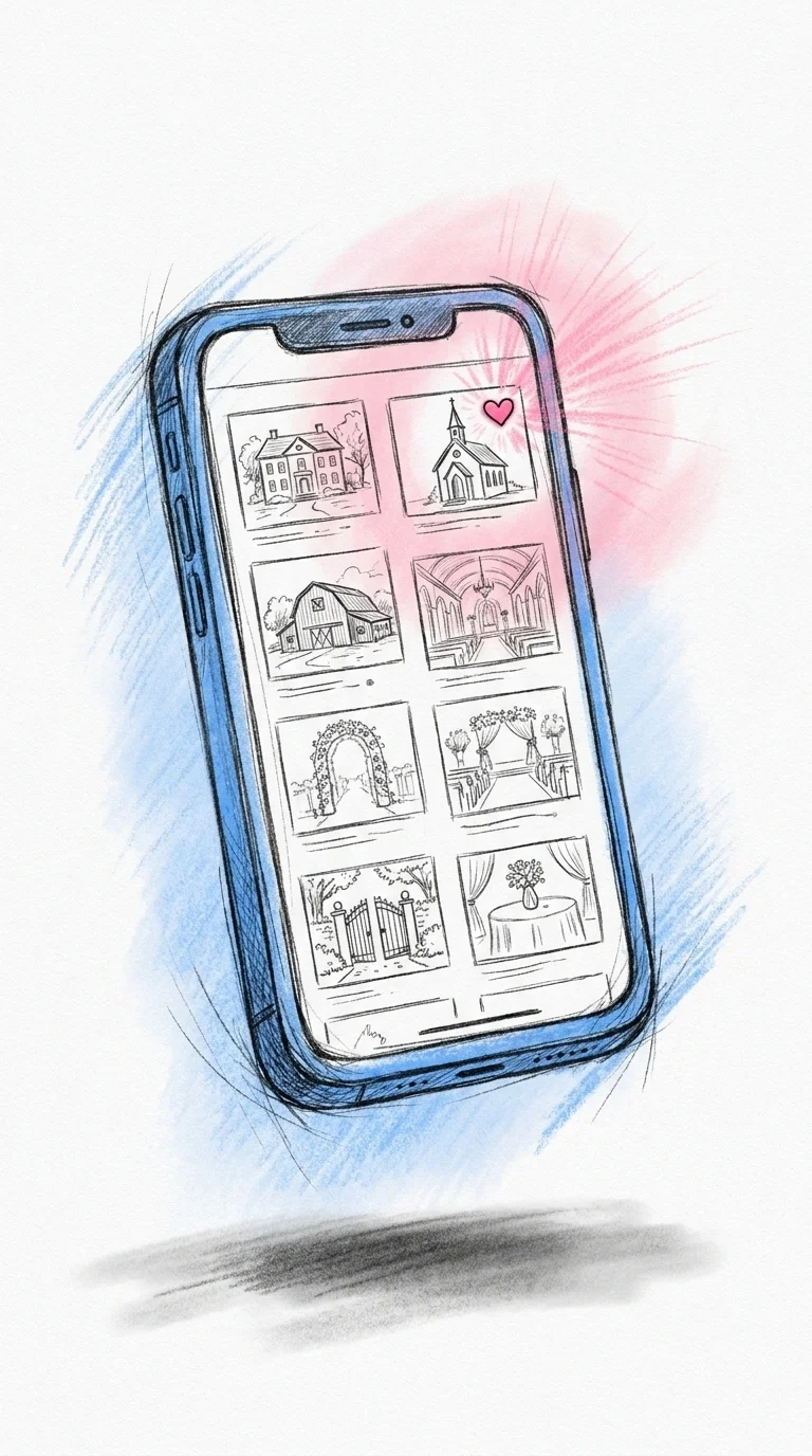 Mobil som visar en vertikal grid med lokalmininatyrer som en Pinterest-board — moderna vägar att hitta bröllopslokal
