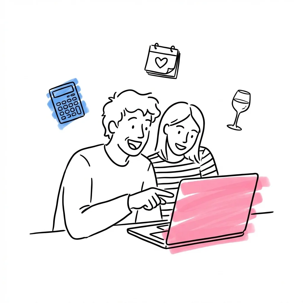 Par som sitter vid en laptop, en pekar på skärmen med entusiastiskt uttryck, omgivna av små ikoner av kalkylator, kalender och vinglas