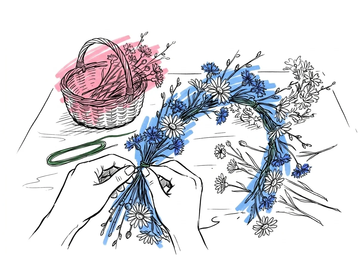 Närbild av händer som binder en blomsterkrans av prästkragar, blåklint och björkris — Lovios illustrationsstil