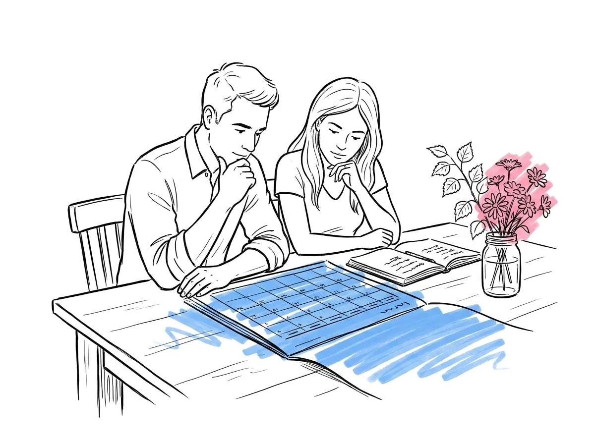 Ett par vid ett köksbord med en kalender, anteckningar och en kvist syren — eftertänksam planeringsstämning i Lovios illustrationsstil