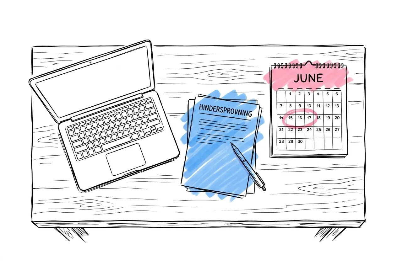 En laptop, papper märkta hindersprövning och en väggkalender med en inringad junidag — praktisk skrivbordsscen i Lovios illustrationsstil