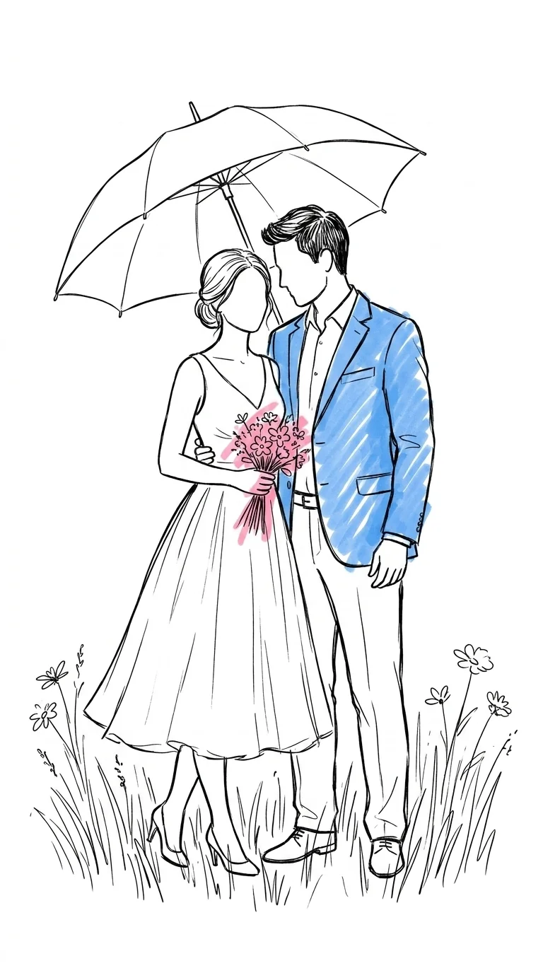 Ett par i lätta sommarkläder på en äng, bruden i lättare klänning och brudgummen i tunnare ljus kostym, ett vitt paraply mellan dem — Lovios illustrationsstil