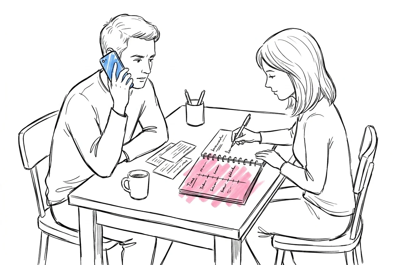 Ett par vid ett skrivbord med telefon mot örat, en anteckningsbok med en tidslinje och kontaktnoter — organiserad, fokuserad vibe i Lovios illustrationsstil