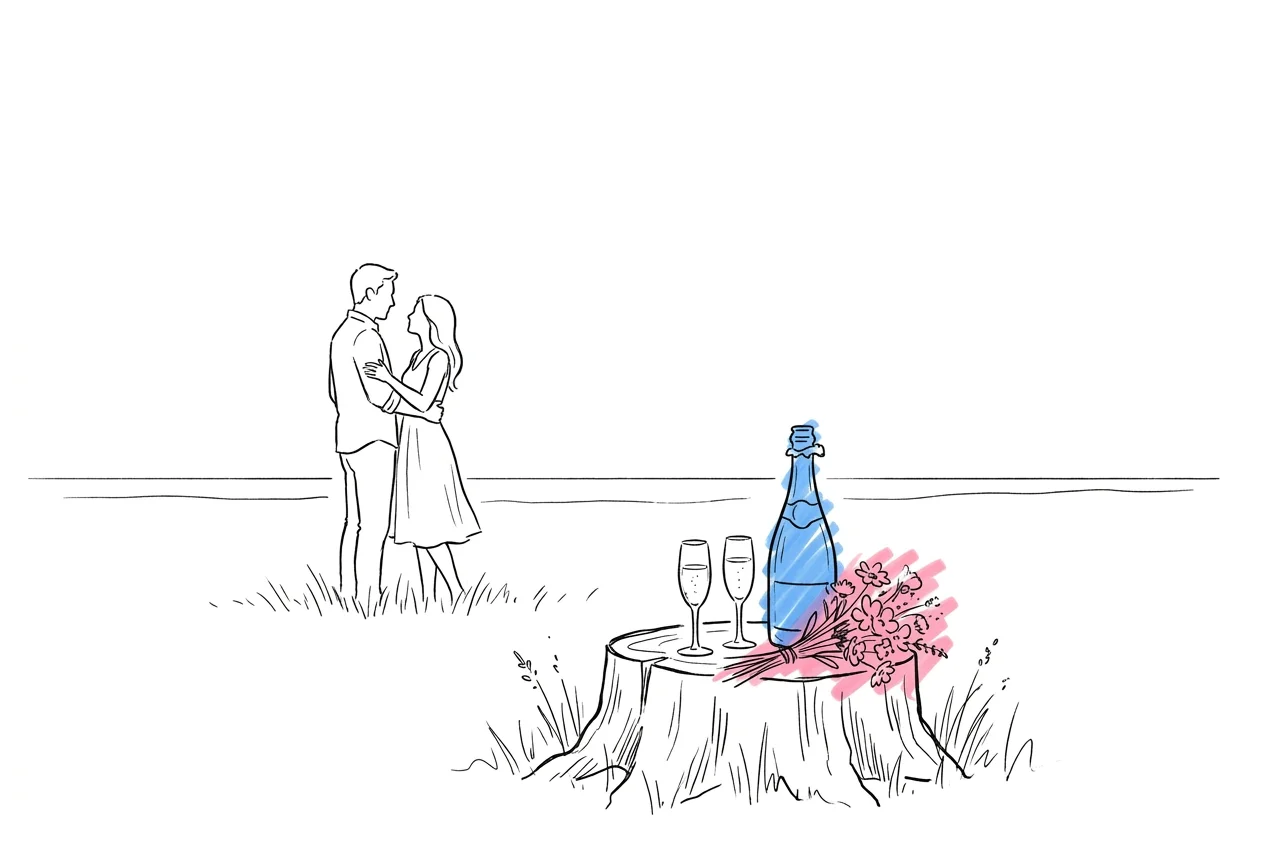 Ett par i siluett mot en ljus himmel sent på kvällen, en flaska bubbel och två glas på en bänk intill — magisk midnattsljus-stämning i Lovios illustrationsstil