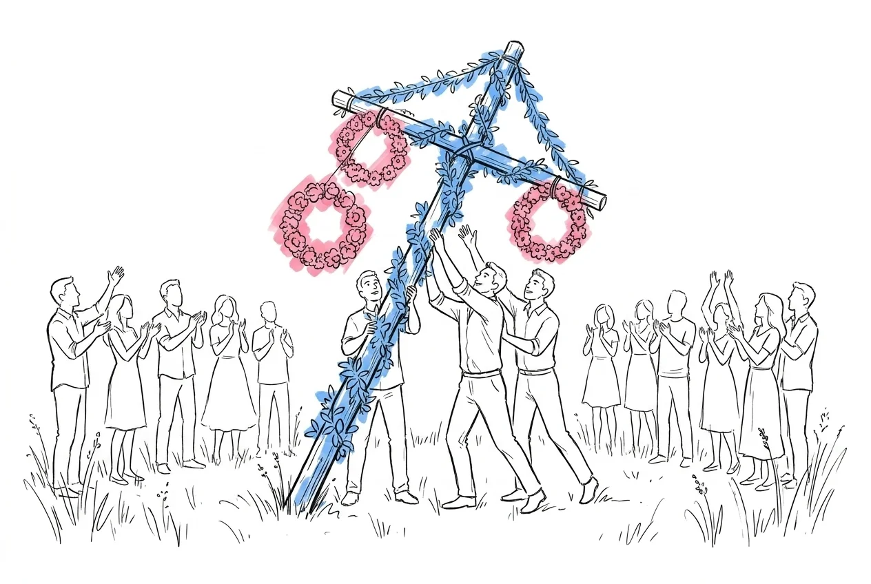 Brudgum och vittnen som tillsammans reser en lövklädd midsommarstång på en äng, gäster bredvid i en bred båge — Lovios illustrationsstil