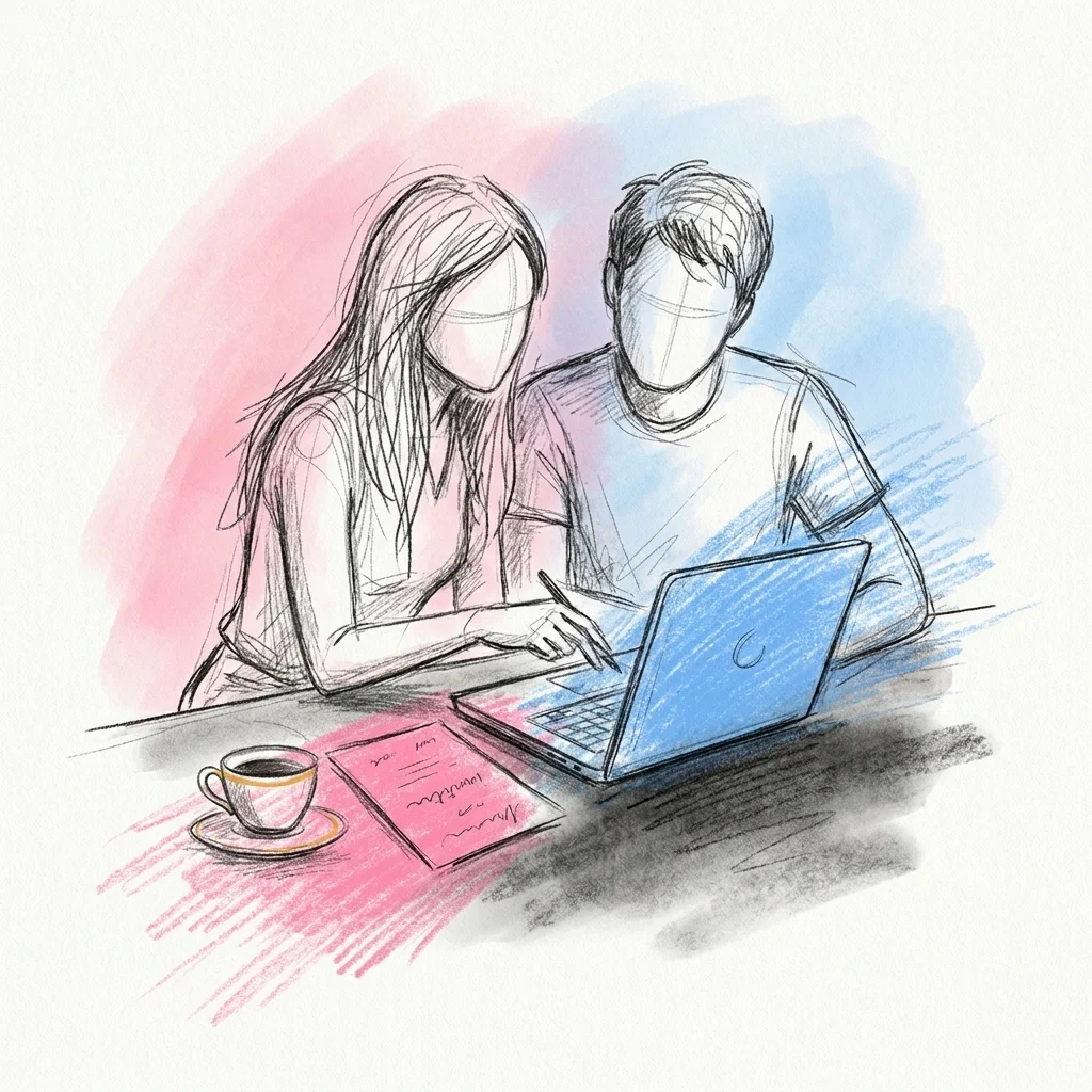 Vänner färdigställer en inbjudan tillsammans i ett delat dokument, en lägger sista handen medan en annan ler gillande, i Lovios rosa och blå illustrationsstil