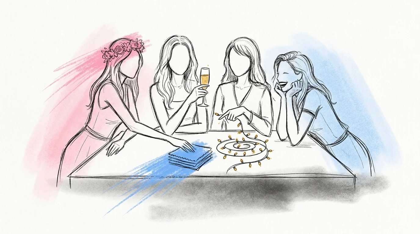 En grupp vänner samlade runt ett bord fullt av temainspiration — tygprover, en blomsterkrans, ett champagneglas och en ljusslinga — som pekar och jämför alternativ tillsammans