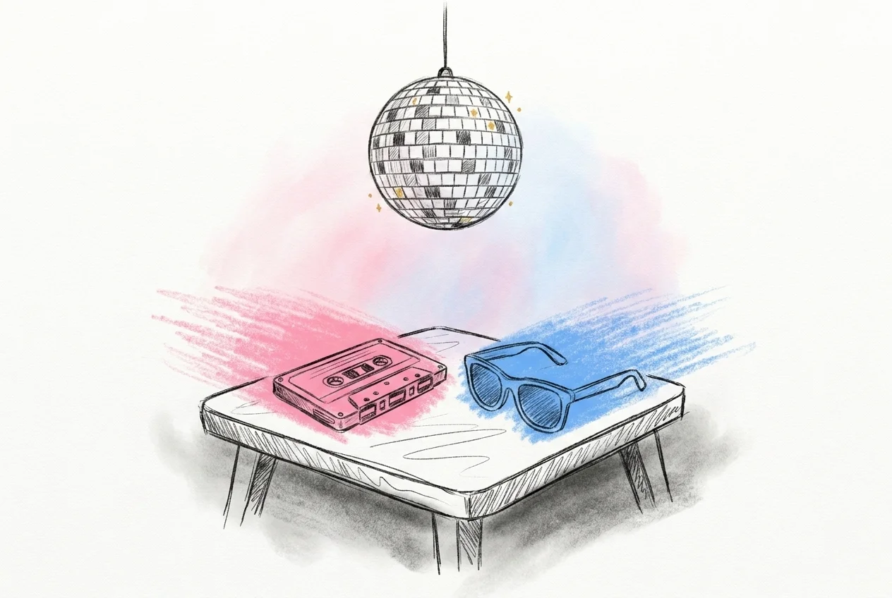 En liten discokula som fångar ljuset ovanför ett bord med ett kassettband och ett par solglasögon, lekfull retro-festhörna