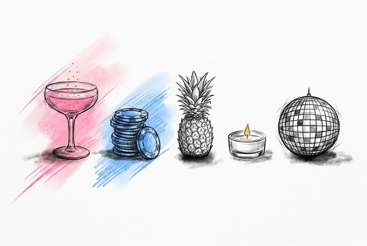 En flat-lay med fem små objekt sida vid sida, vart och ett antyder en tema-stämning — en champagneskål, en pokermarker, en ananas, ett spa-ljus och en discokula