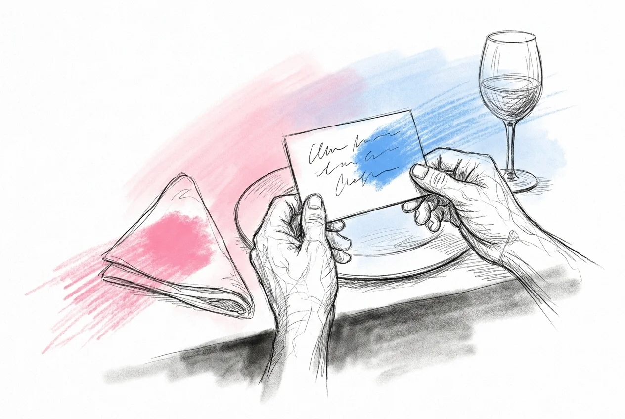 Två händer håller ett stödkort skrivet med stora bokstäver vid en tallrik på ett dukat middagsbord, i Lovios rosa och blå illustrationsstil