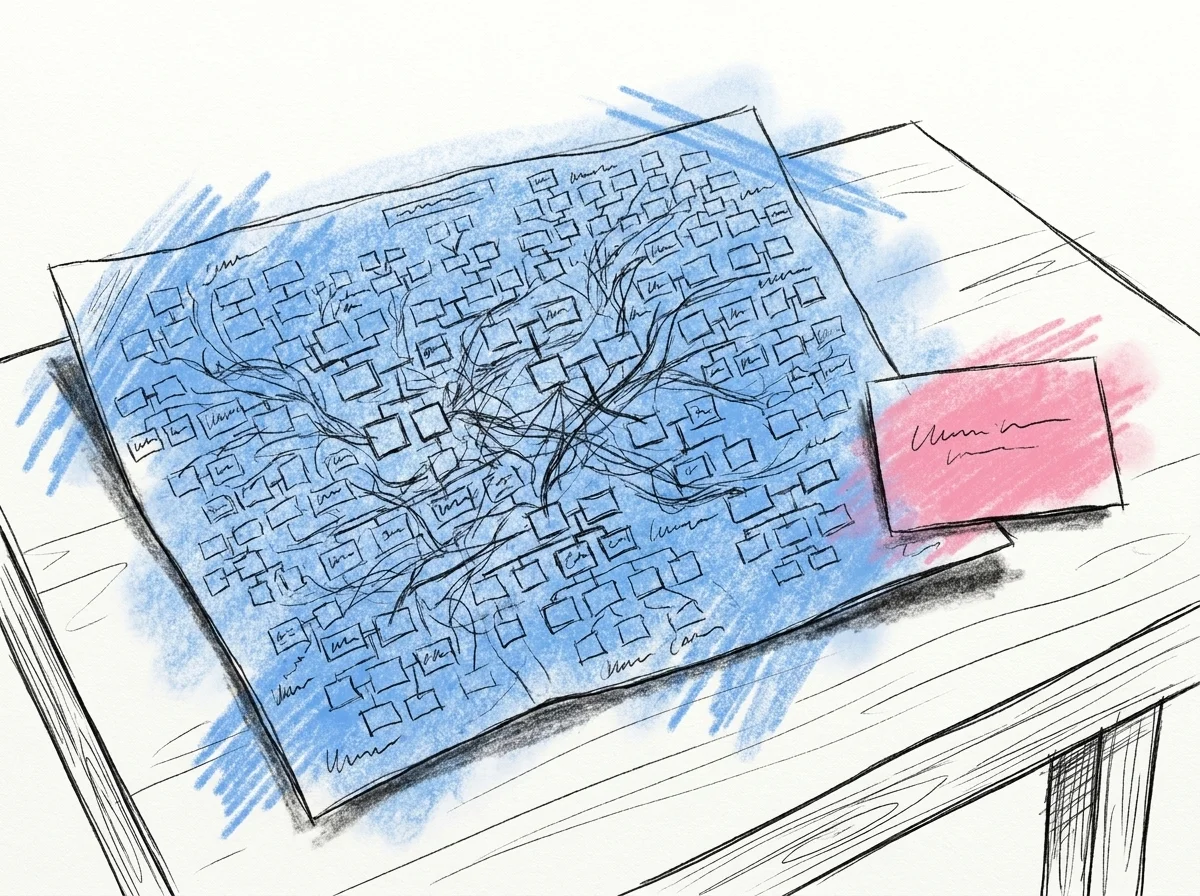Ett stort utbrett släktträd med alldeles för många grenar och årtal på ett bord, bredvid ett litet stödkort med en enda kort anteckning, i Lovios rosa och blå illustrationsstil