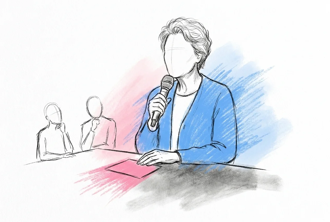 Äldre person talar sittande vid bordet med mikrofonen nära hakan och ett stödkort framför sig, medan gästerna lyssnar uppmärksamt, i Lovios rosa och blå illustrationsstil