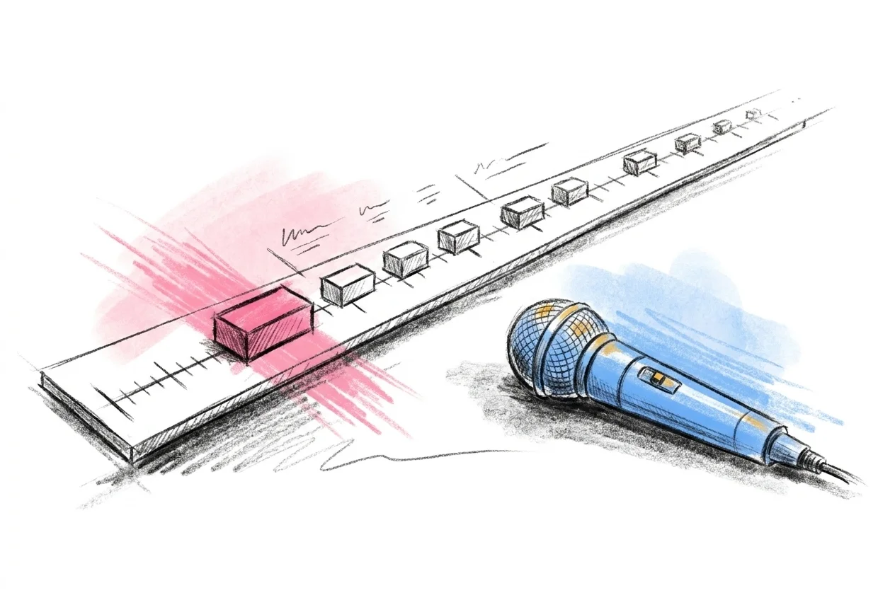 Horisontell tidslinje över middagen med talslottar utplacerade, där morfars tal är markerat tidigt i ordningen intill ett mikrofonmotiv, i Lovios rosa och blå illustrationsstil