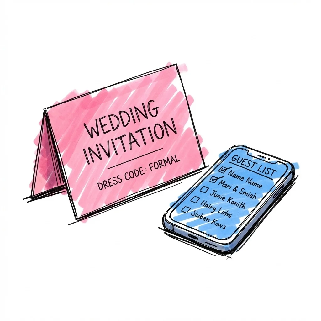 En digital bröllopsinbjudan med klädkodsinformation bredvid en telefon som visar en gästlista, i Lovios rosa och blå illustrationsstil