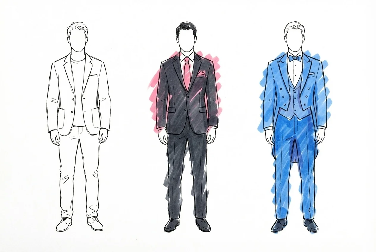 Tre män sida vid sida i olika klädkoder — en i mörk kostym med slips, en i ljusare kavaj med chinos, en i frack med vit fluga, i Lovios rosa och blå illustrationsstil
