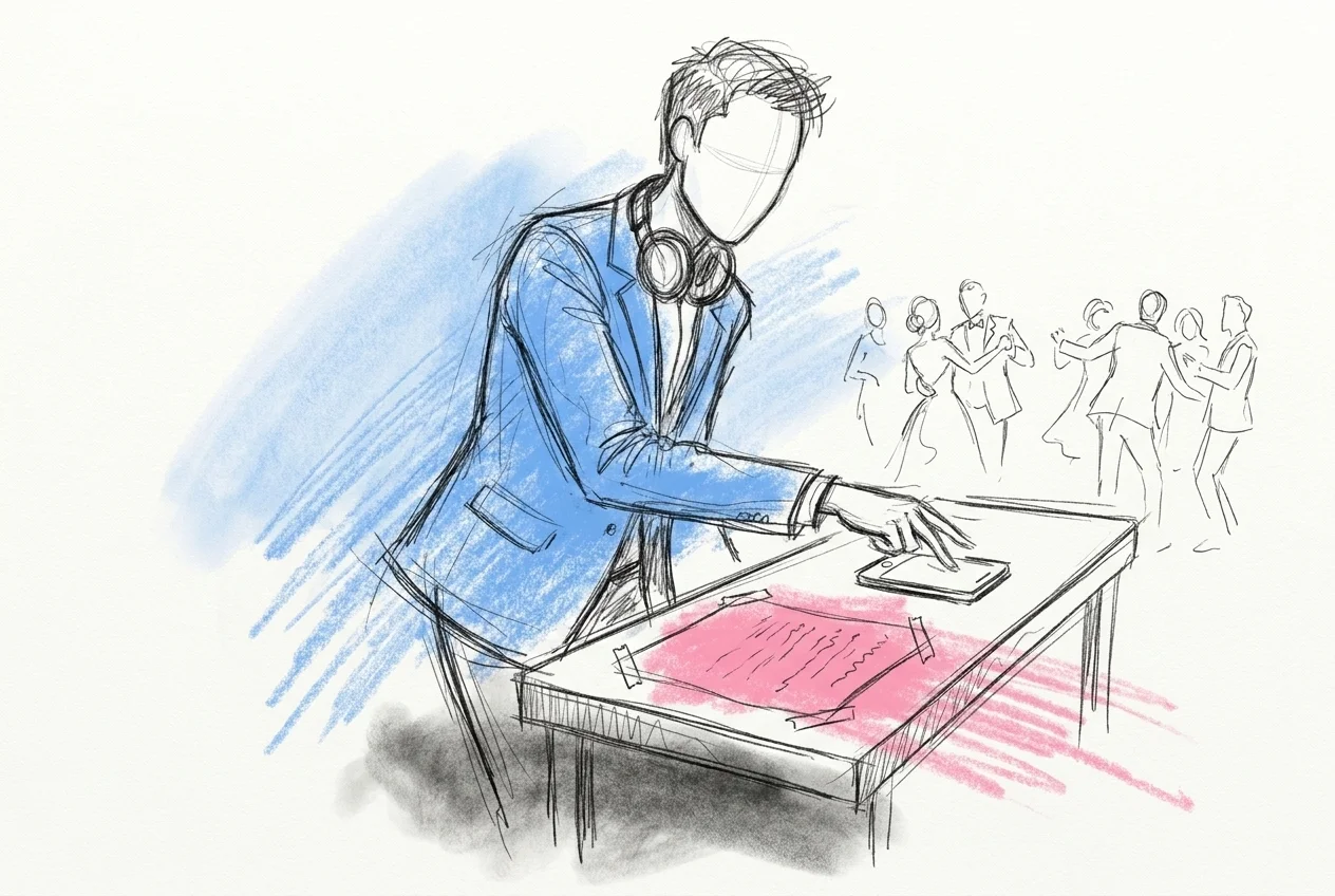 En DJ eller toastmaster vid ett mixerbord med fingret ovanför en knapp, ett utskrivet manus tejpat nära, gäster synliga mitt i en ring i bakgrunden
