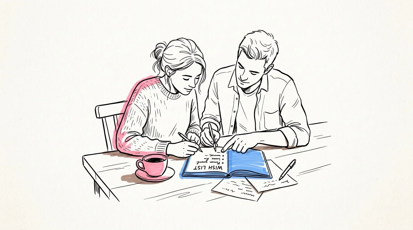 Par som sitter vid ett bord och skriver en önskelista tillsammans