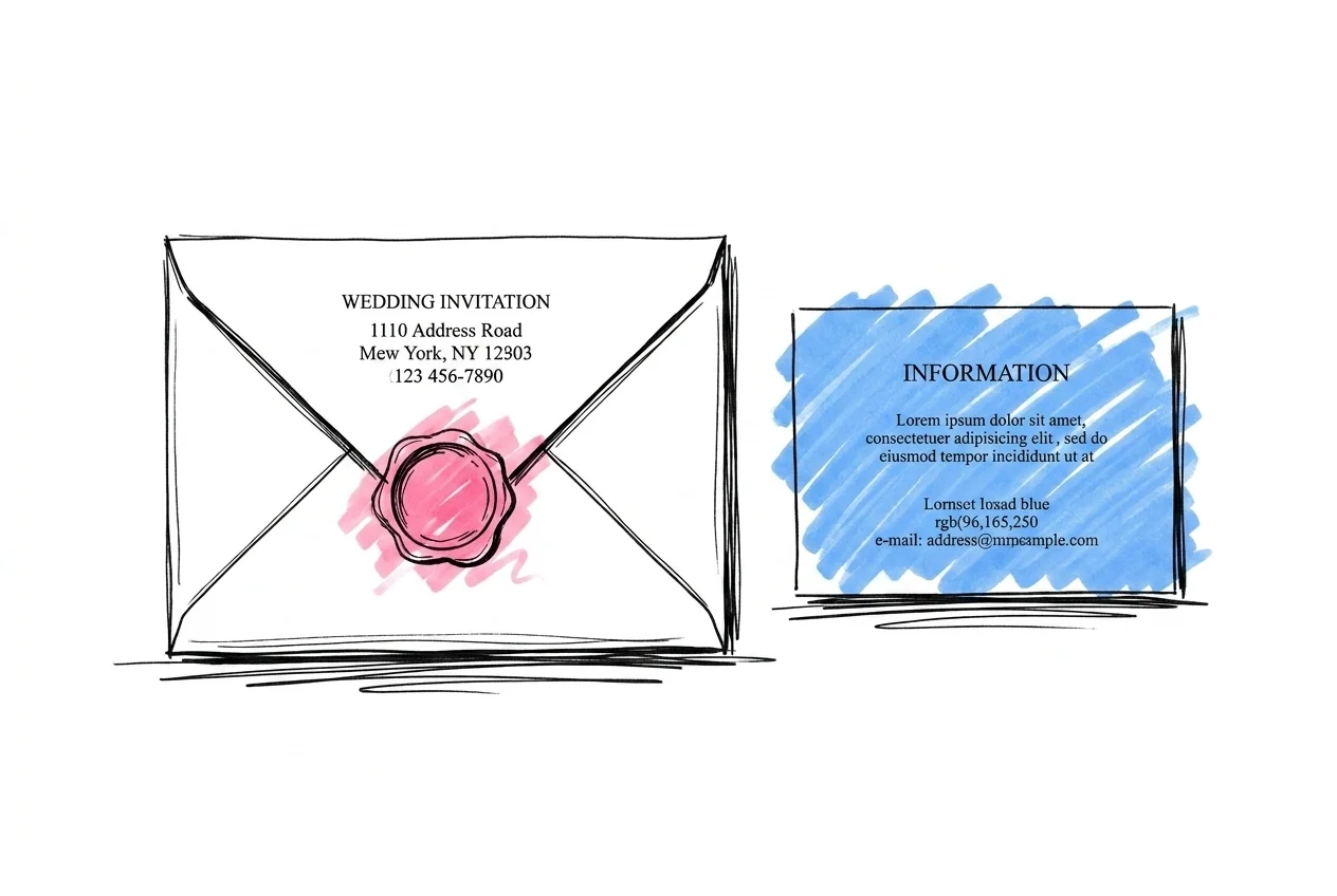 En elegant inbjudan med hjärtförsegling bredvid ett separat infokort — distinktionen mellan formell inbjudan och separat presentinfo