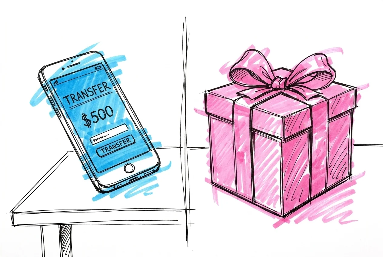 En telefon med Swish på vänster sida och en vackert inslagen present på höger sida, med en diskret delningslinje