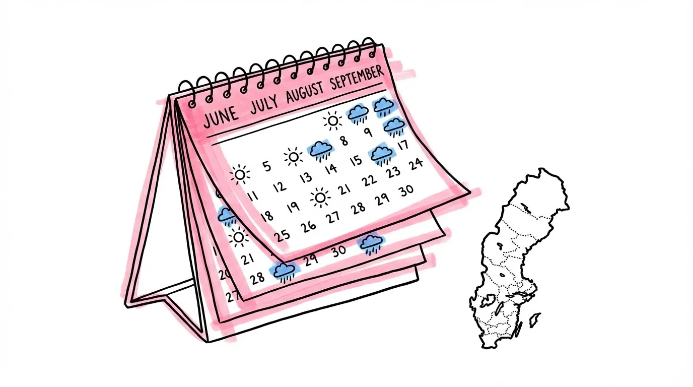Kalender med regnmoln och sol över svenska sommar—månader, karta över Sverige med regionala väderskillnader