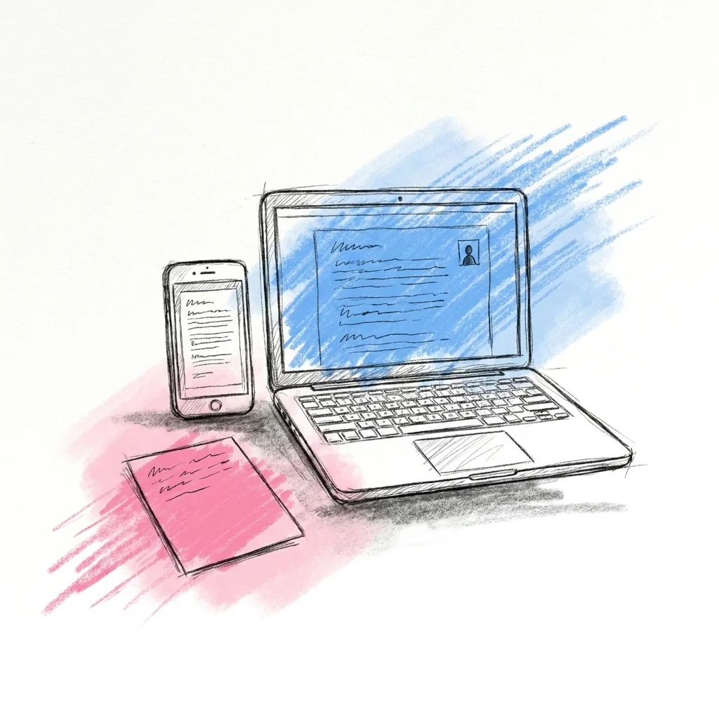 En laptop och en telefon sida vid sida som visar ett städat dokument med ett kort tal och en delad-med-toastmastern-markering, ett litet stödkort bredvid, i Lovios rosa och blå illustrationsstil