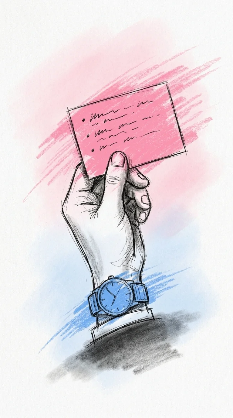 Närbild på en hand som håller ett litet stödkort med några korta stödord, en armbandsklocka precis synlig, lugnt och förberett, i Lovios rosa och blå illustrationsstil