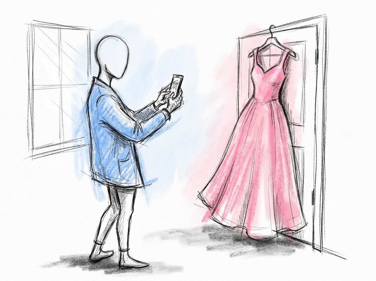 En person vid ett fönster fotograferar en brudklänning som hänger på en dörr med mobilen, i Lovios rosa och blå illustrationsstil