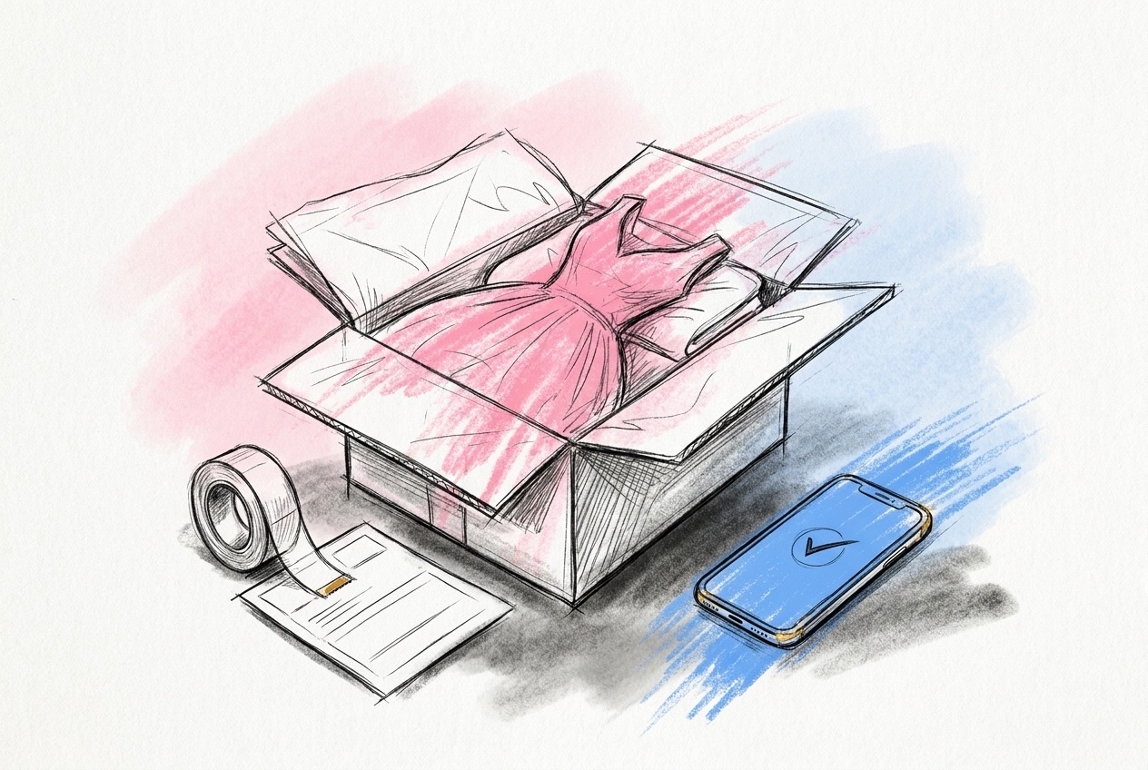 En kartong med en brudklänning i silkespapper, packtejp, fraktetikett och en mobil med bekräftelse, i Lovios rosa och blå illustrationsstil