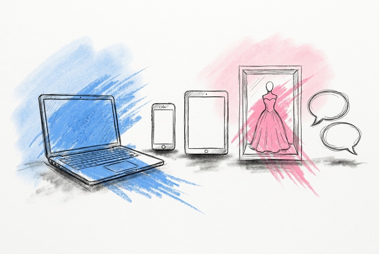Laptop, mobil, surfplatta, ett skyltfönster med en brudklänning och pratbubblor som symboliserar fem försäljningskanaler, i Lovios rosa och blå illustrationsstil