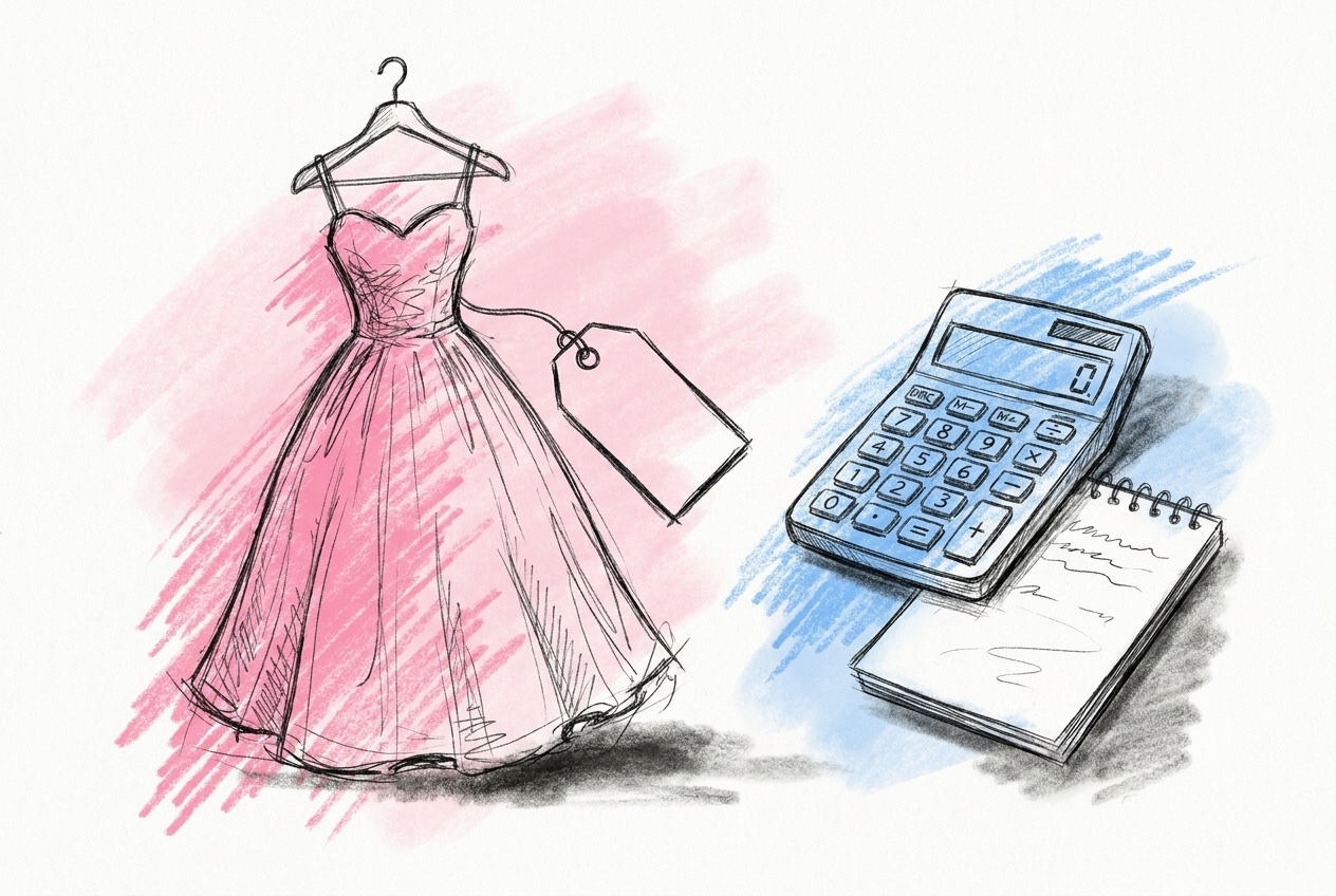 En brudklänning på galge med en stor prislapp bredvid en miniräknare och ett anteckningsblock, i Lovios rosa och blå illustrationsstil