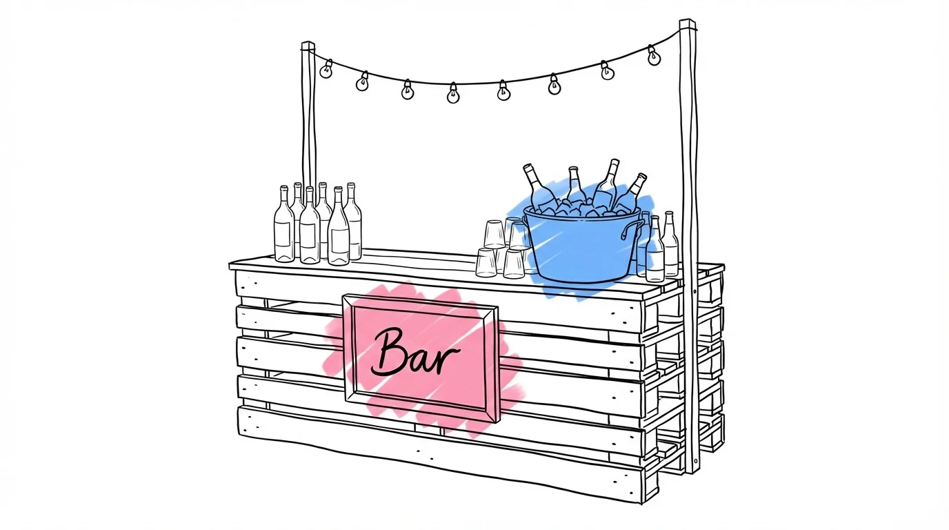 En DIY-bröllopsbar byggd av trälastpallar med flaskor, ishinkar och staplade glas — gratis servering utan kassa eller prislista