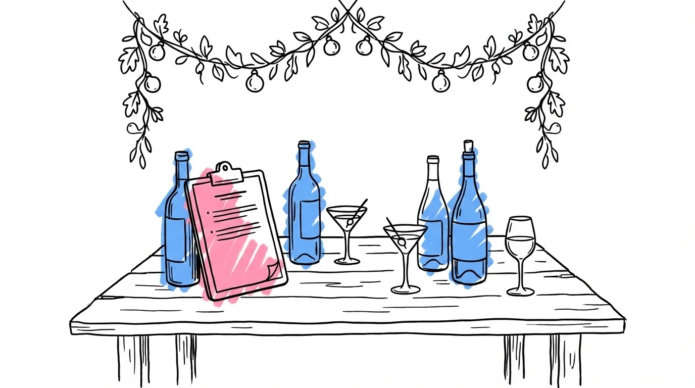 Serveringstillstånd bröllop — en bröllopsbardisk utomhus med flaskor, glas och ishinkar på ett rustikt bord och en clipboard med officiellt tillståndsdokument