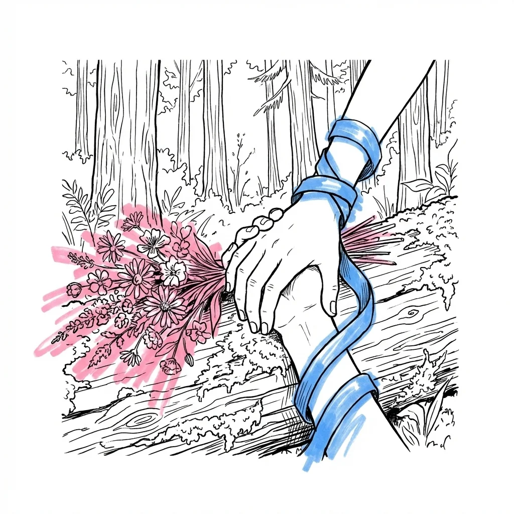 Två händer som håller varandra på en mossbevuxen stock, skogskuliss med höga träd och gyllene ljus, en liten bukett vildblommor bredvid