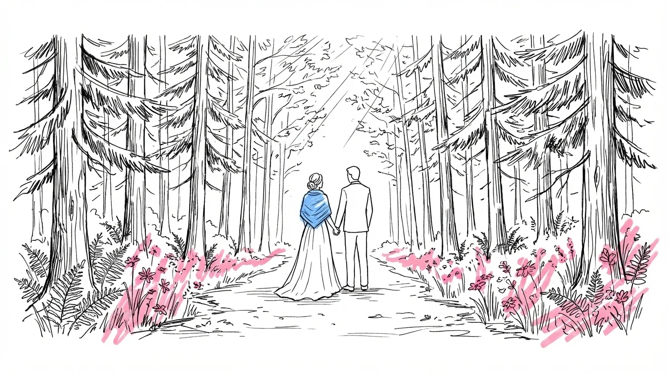 Skogsbröllop — par i skogsglänta med tallkronor som tak, solljus silas mellan stammarna, vildblommor längs stigen