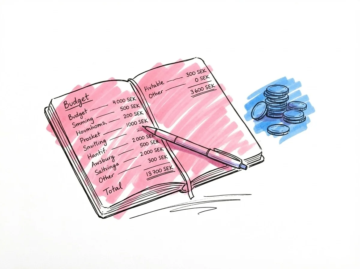 En anteckningsbok med budgetsiffror och mynt, i Lovios rosa och blå illustrationsstil
